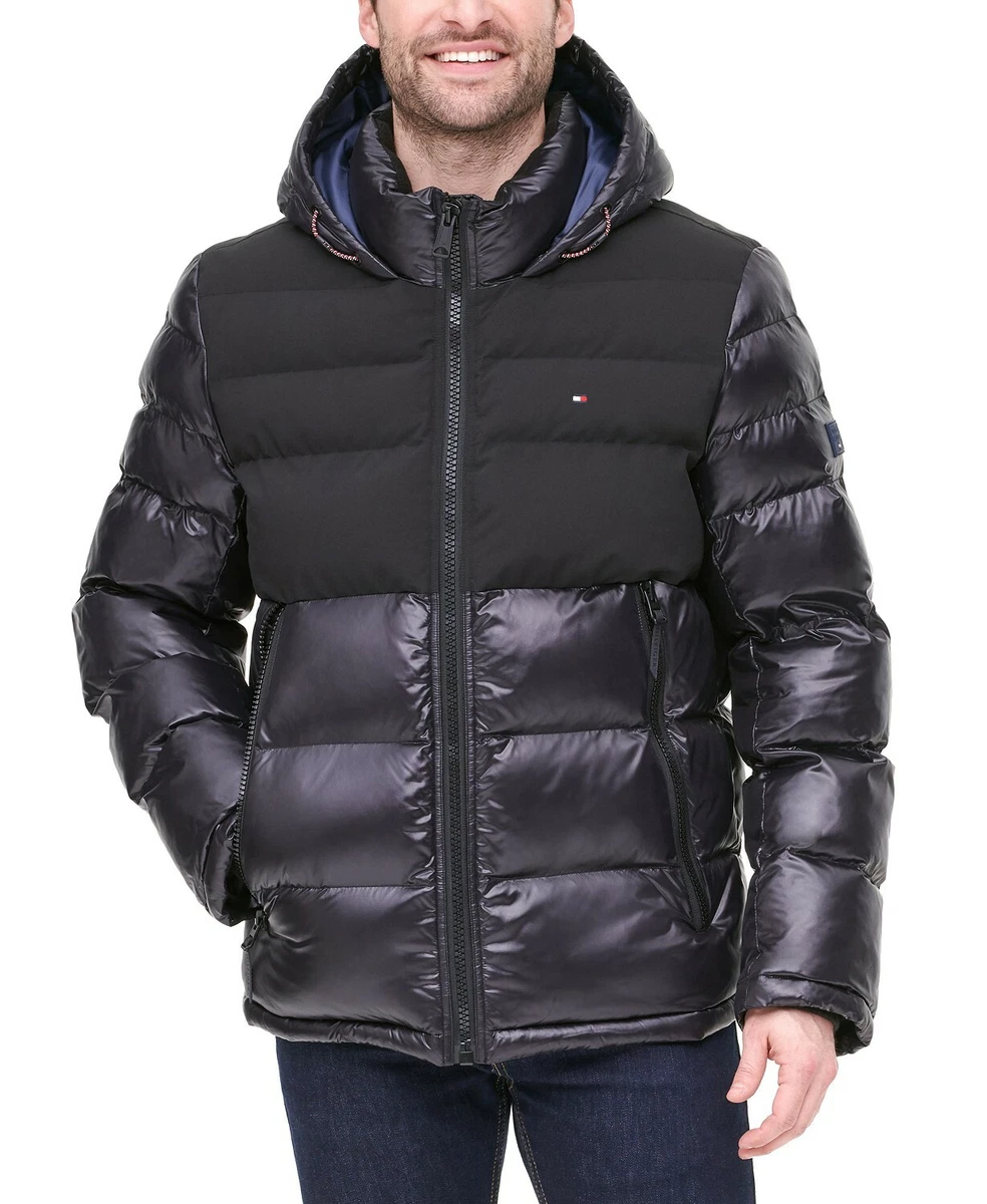 Tommy Hilfiger Men s Black Two Tone Matte Shiny Puffer Hooded Jacket 250