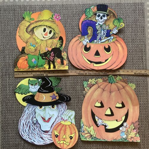 Lot 6 Vintage Halloween DieCut Out Decorations Witch Scarecrow Pumpkin Black Cat - Picture 9 of 12