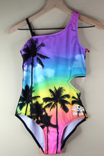 Justice Girls One Piece Cross Shoulder Cut Out Swimsuit Placement Print XL
