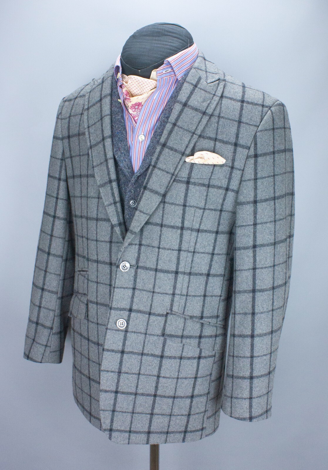 Blazer giacca tweed William Hunt Saville Fila grigio misto lana finestrino quadri 42
