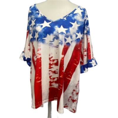 USA American Flag Womens 5XL Patriotic Short Sleeve V Neck Polyester Tee Shirt