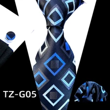 New Classic Geometric Blue Jacquard Silk Men's Tie Necktie Hanky Cufflink Set