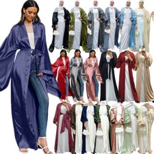 Dubai Abaya Women Open Cardigan Long Dress Muslim Satin Kaftan Kimono Party Robe