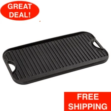 21" x 11" Pre-Seasoned Reversible Cast Iron Griddle and Grill Pan with Handles