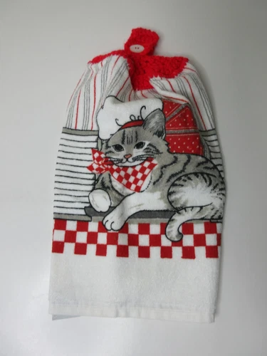Kitchen Towel with Red Crochet Top For Hanging Gray Cat
