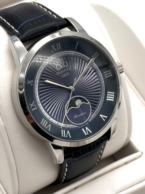 Q&Q Quartz Herrenuhr Herren Uhr Klassisch Moonphase Armbanduhr Blau Silber