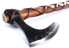 Two-Handed Viking Battle Axe with 1095 Carbon Steel Skegg Bearded Head, Teakwood