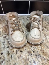 Antique WHITE Leather/TODDLER/DOLL Crib Walking Shoes WORN CONDITION Dirty Old