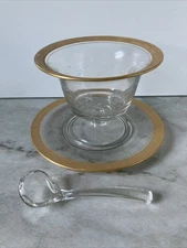 Gold Rim Etched Glass Mayonnaise Compote Bowl w/ Matching Under Plate and Spoon
