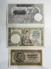 Serbia/Yugoslavia  1941 & 1942 Banknotes (Lot of 3) Set 50, 100, 500 Dinara