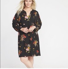 Old Navy Womens L Black Floral Shift Dress V Neck Long Sleeve Knee Length Flowy