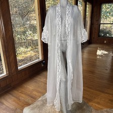Vtg 1970s Val Mode Sheer Bridal Robe Nightgown Nylon Lace Flutter Sleeve Small