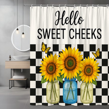Sunflower Shower Curtain with Butterflies, Farmhouse Decor, Black Checkered