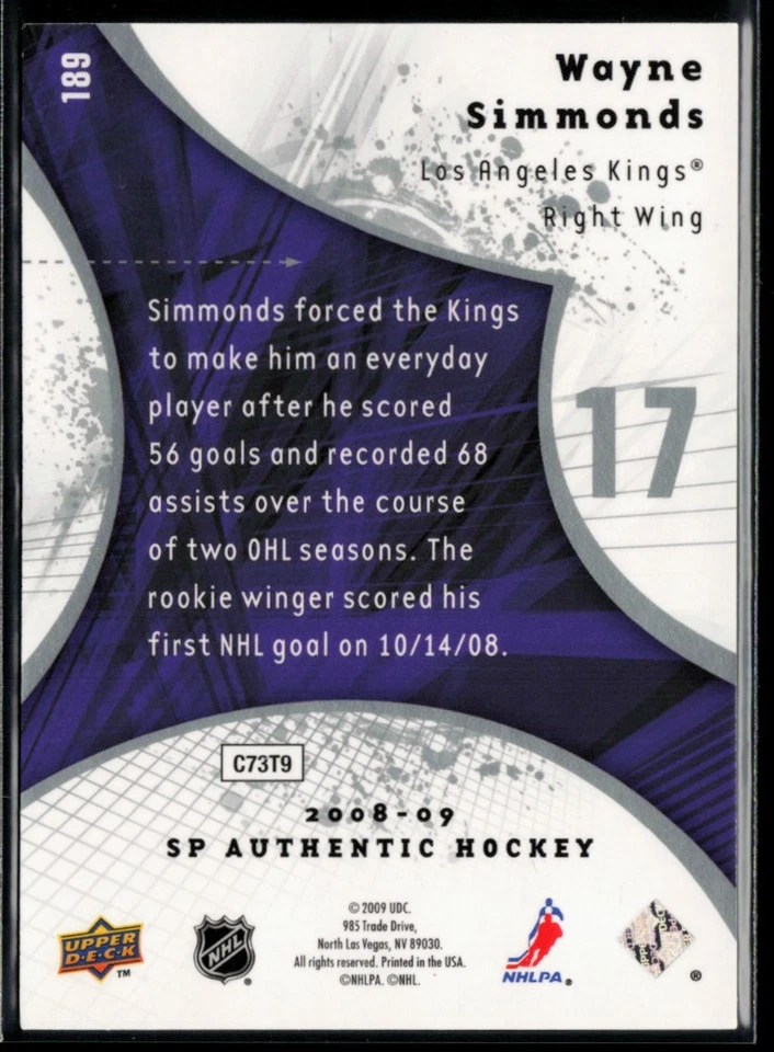 2008-09 SP Authentic #189 Wayne Simmonds RC 587/999 - Image 2 of 2