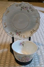 Antique Porcelain TeaCup Saucer Set Pink Roses Gold Trim Scalloped Edge Unmarked