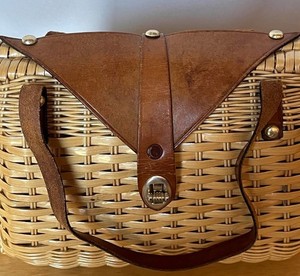 Vintage Bonnie Intl Wicker Basket Handbag with Brown Leather Trim and Strap 