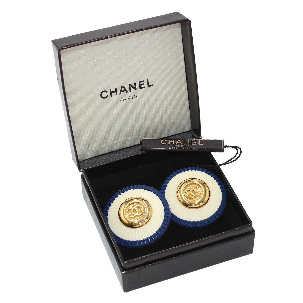 Chanel Coco Mark Button Pleated Round Earrings Bl… - image 7