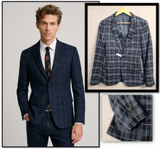 yd. Check Blazer 32/2XS Slim Fit Navy Grey Plaid School Formal Jacket Old Money