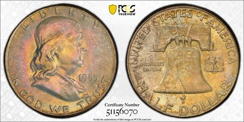 1955 Franklin Silver Half Dollar 50C 90% Silver PCGS MS66 FBL Toned - 0402