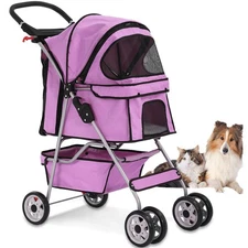 4 Wheels Pet Stroller Cat Dog Cage Stroller Travel Folding Carrier with Cup