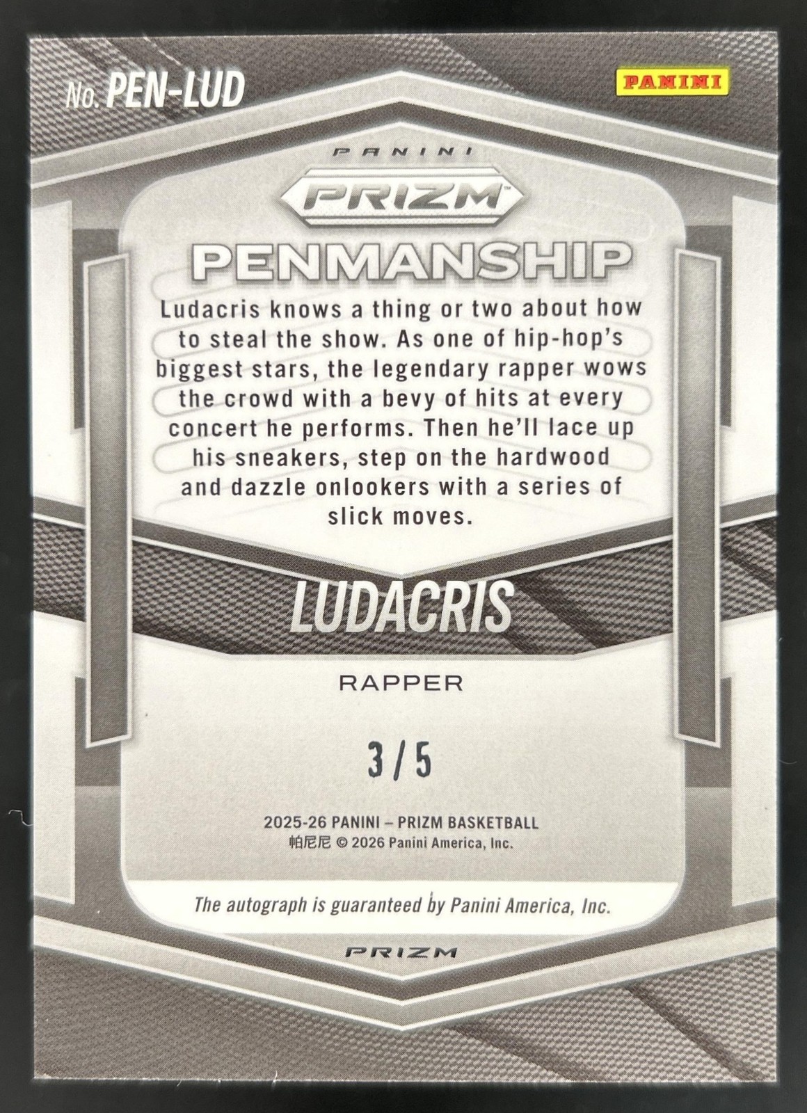 2025-26 Panini Prizm Ludacris Penmanship Gold Vinyl FOTL Auto Autograph #/5 view 2