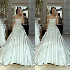 Simple Wedding Dresses Satin Ruched Off Shoulder White Ivory Bridal Gowns