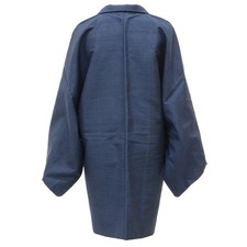Unused Japanese Men's Long Haori Kimono Jacket Navy Tsumugi Silk Plain uu2516b
