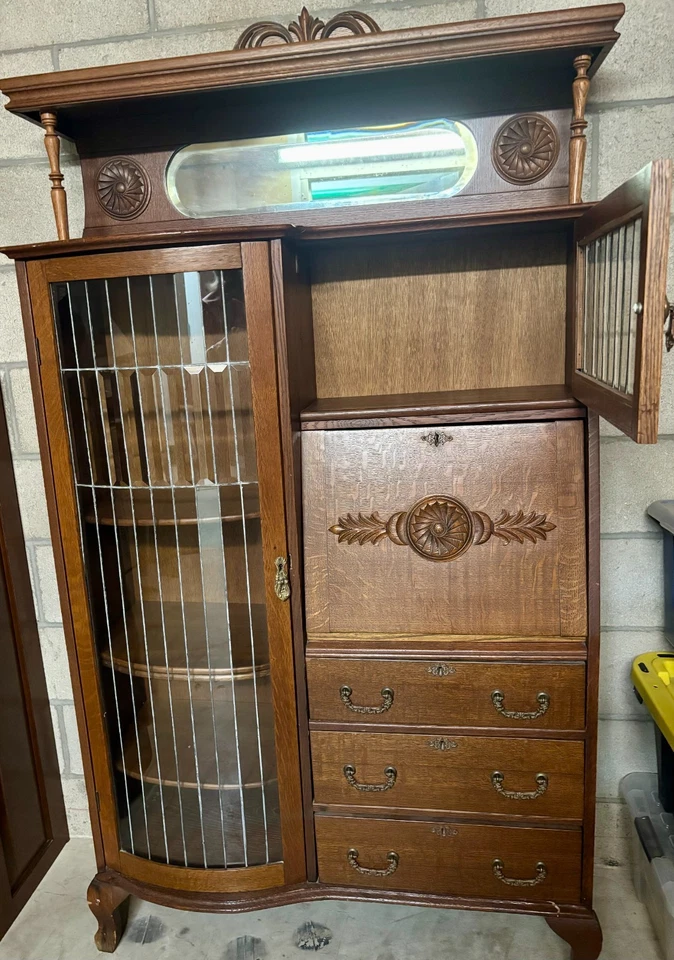 古董并排秘书书桌和书盒带弧形含铅玻璃门 — 第 3/4 张图片