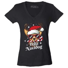 Feliz Navidog Navidad Dog Santa Chihuahua Women's V-Neck T-shirt Christmas Tee