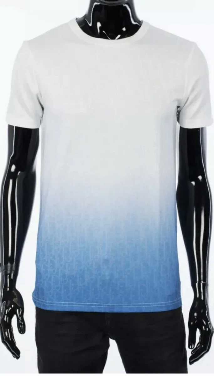 DIOR 750$ White & Blue Gradient Jersey T-shirt with All-Over Dior Oblique Motif
