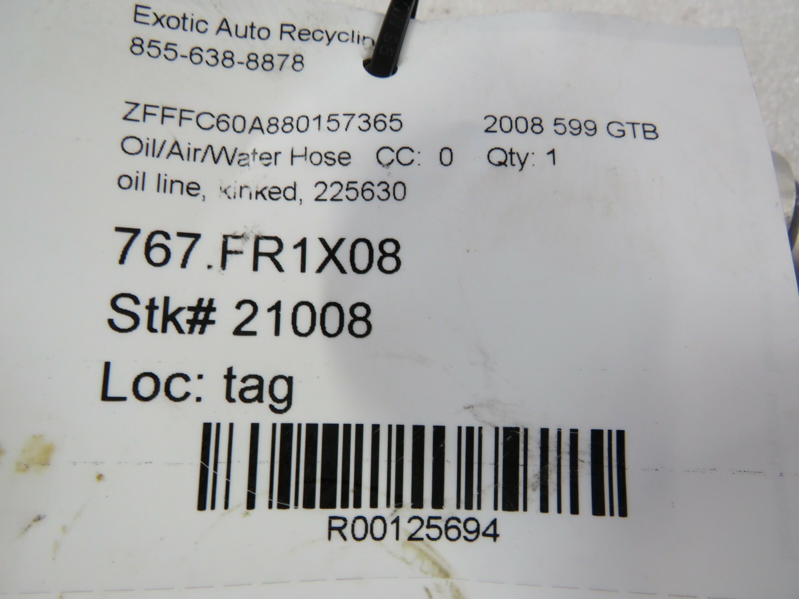 Ferrari 599 GTB, Oil Line Hose, Used, Kinked, P/N 225630
