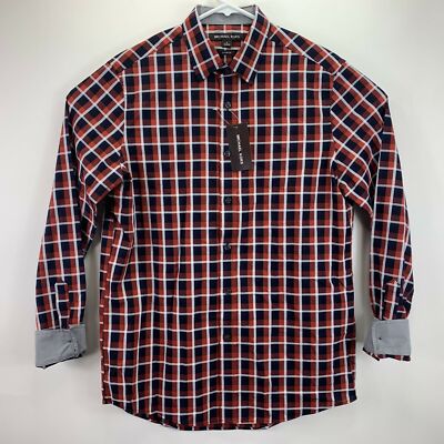 Michael Kors Mens Monty Classic Fit Plaid Button Down Shirt Rust Red S