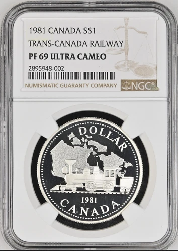 :1981 S$1 DOLLAR TRANS-CANADA RAILWAY CANADA NGC PF69UC ULTRA CAMEO RARITY R4