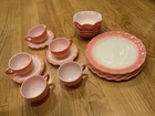 18 PC Vintage Hazel Atlas Pink & White Crinoline Ripple Milk Glass