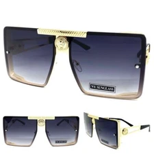 Oversized Classic Retro Modern Hip Hop Shield SUN GLASSES Large Gold Metal Frame