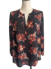 Daniel Rainn Top Size Large Black Floral Split Neck Blouse Tunic