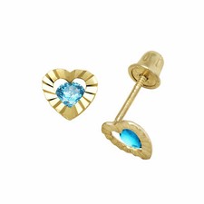 Baby Girl Topaz Birthstone Laser Cut Heart Shape Stud Earrings 14K Yellow Gold