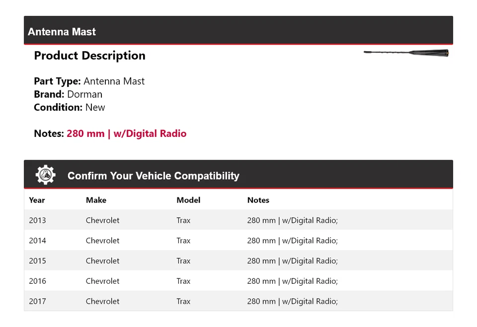 Mástil de antena para Chevrolet Trax Dorman 2013-2017 2014 2015 2016 Foto 2 de 4