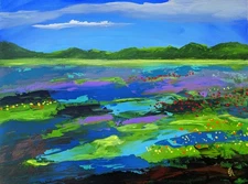 Original Acrylic Painting on Canvas. Mountain Valley Landscape. Scenic Art. 16"