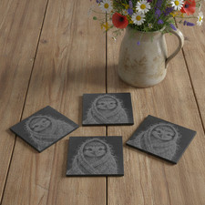 Set of 4 Cute Bird Owl in Shawl Slate Coasters .Engraved Stone Gift.