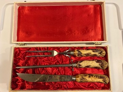 Vintage Solingen Germany Carving Knife Set Stag Handles