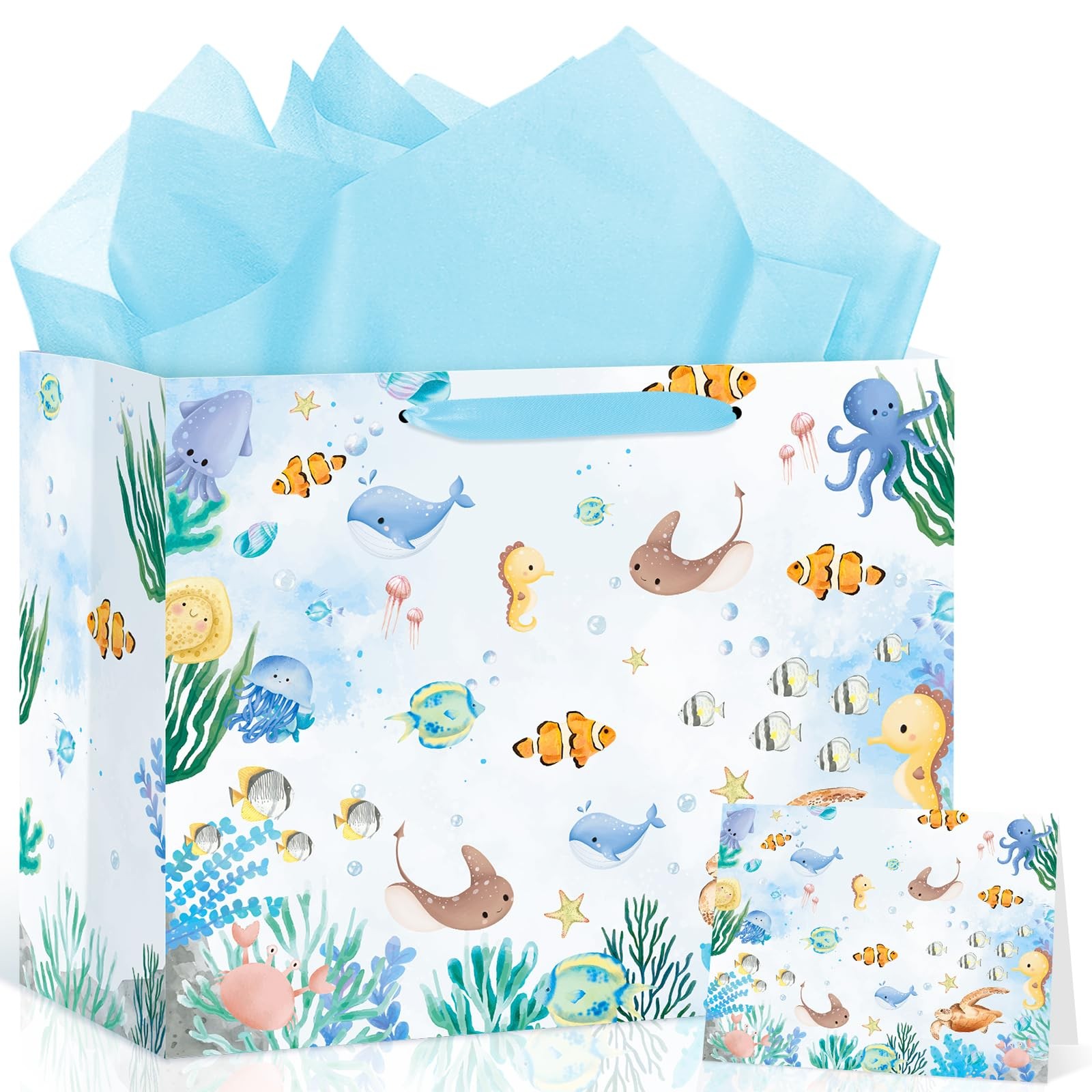 Sea Animals Ocean Gift Bag, Wrapping Paper, Card, Blue, Unde