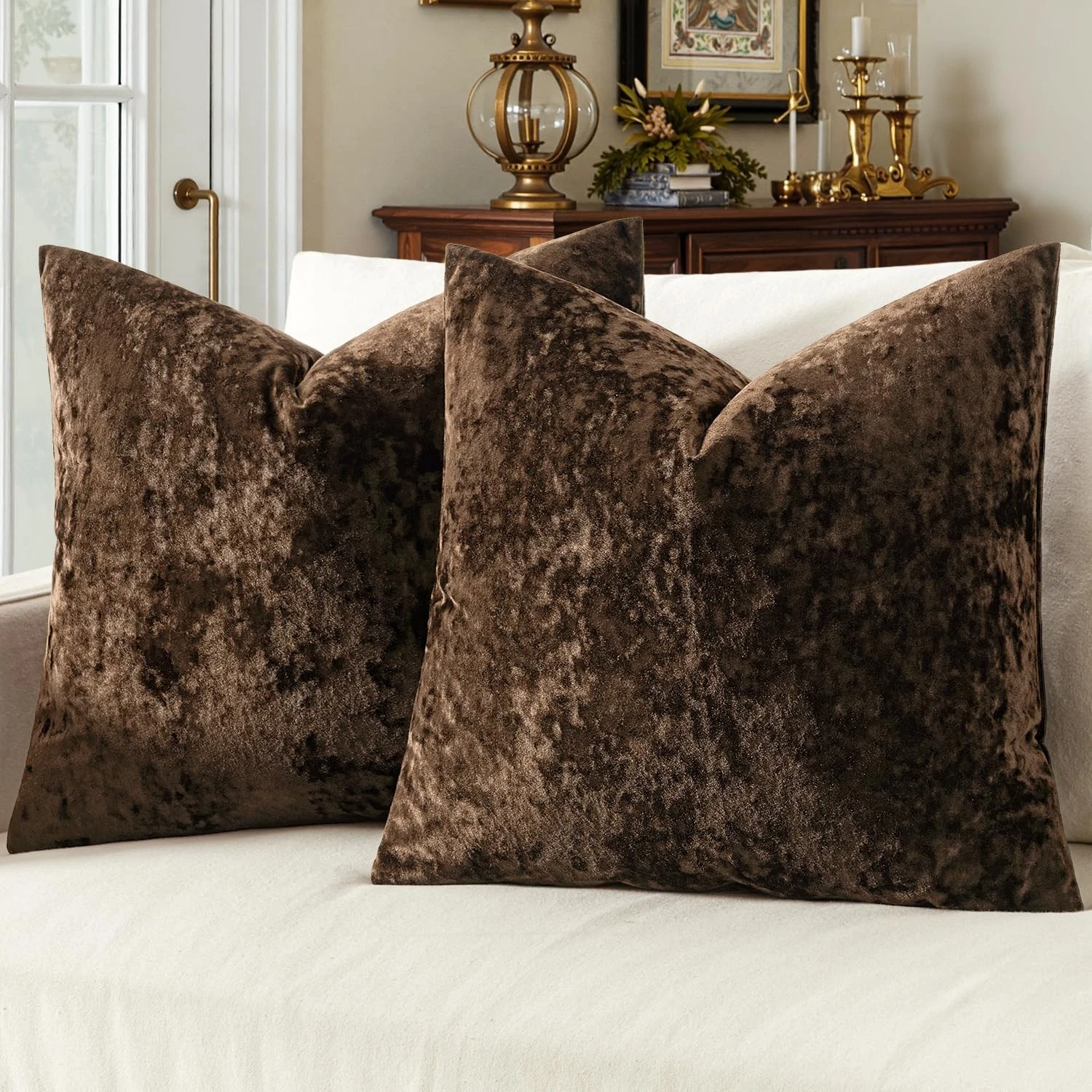 Velvet Throw Pillow Covers Set of 2, Soft Neutral Decorative Pillow Cases wit...