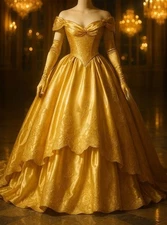 Gold Princess EveningGowns Dreamy Victorian Strapless BeadedApplique With Gloves