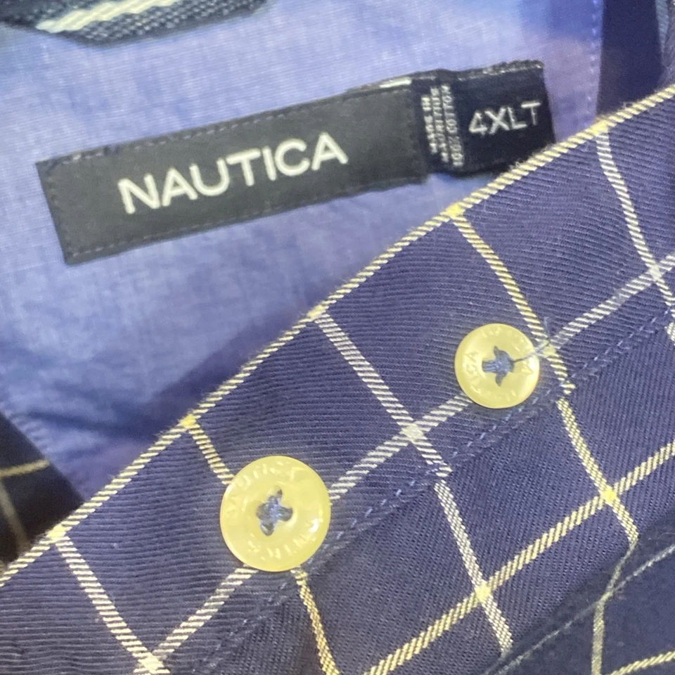 NAUTICA Shirt Men’s 4XLT Button Down 100% Cotton Dark Blue Windowpane Plaid A31 - Image 3 of 4