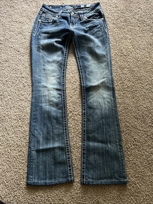 Miss Me Signature Boot Cut Embellished Jeans Size 28 Blue Cowgirl Torn Style