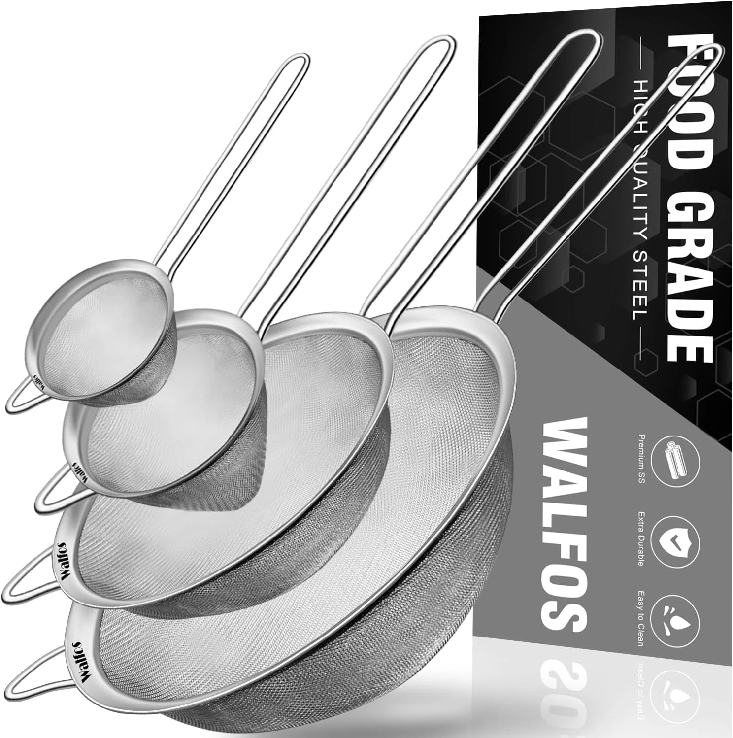 Fine Mesh Strainer 4PCS,Versatile Kitchen Strainer w/ Handle- 7", 5", 3.3", 2.8"