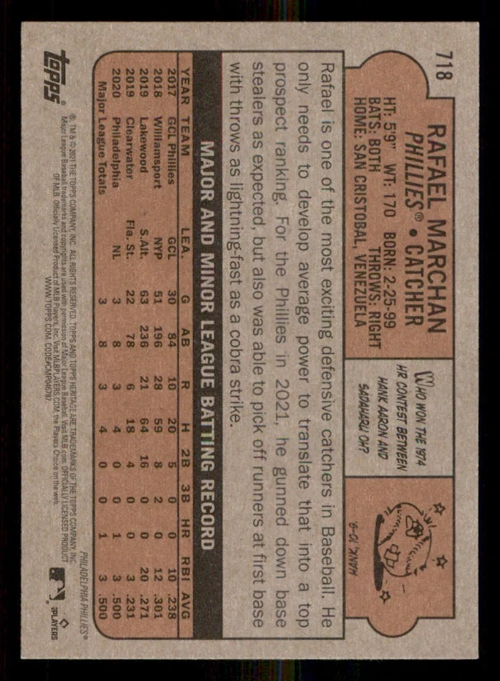 2021 Topps Heritage #718 Rafael Marchan SP RC - Image 2 of 2