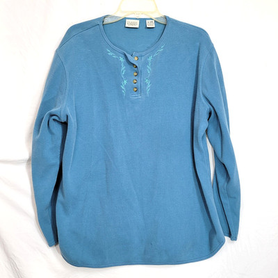 Classic Elements Women Top 16-18W Blue Long Sleeve Embroidered Henley Neck VTG