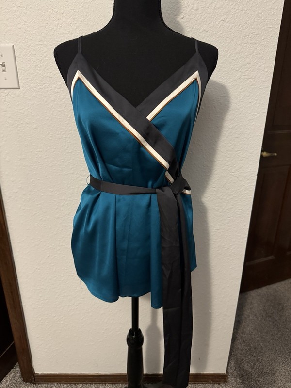 Ann Taylor LOFT Women's Blue/Black Colorblock Satin V-Neck Tie Cami Size L